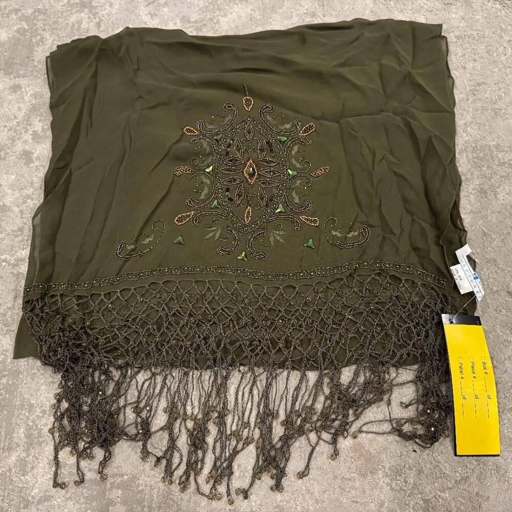 Sue Wong 100% Silk Scarf Shawl Large Army Green Brown Olive Lace Hand Beaded #1